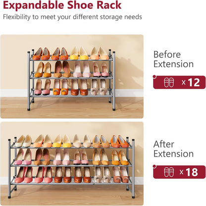 Tajsoon Expandable Shoe Rack for Closet 3 Tier, 28“-41“Adjustable & Stackable Shoe Shelf Storage, Metal Shoe Rack Organizer for Front Door Entrance, Closet, Garage, Entryway, Black