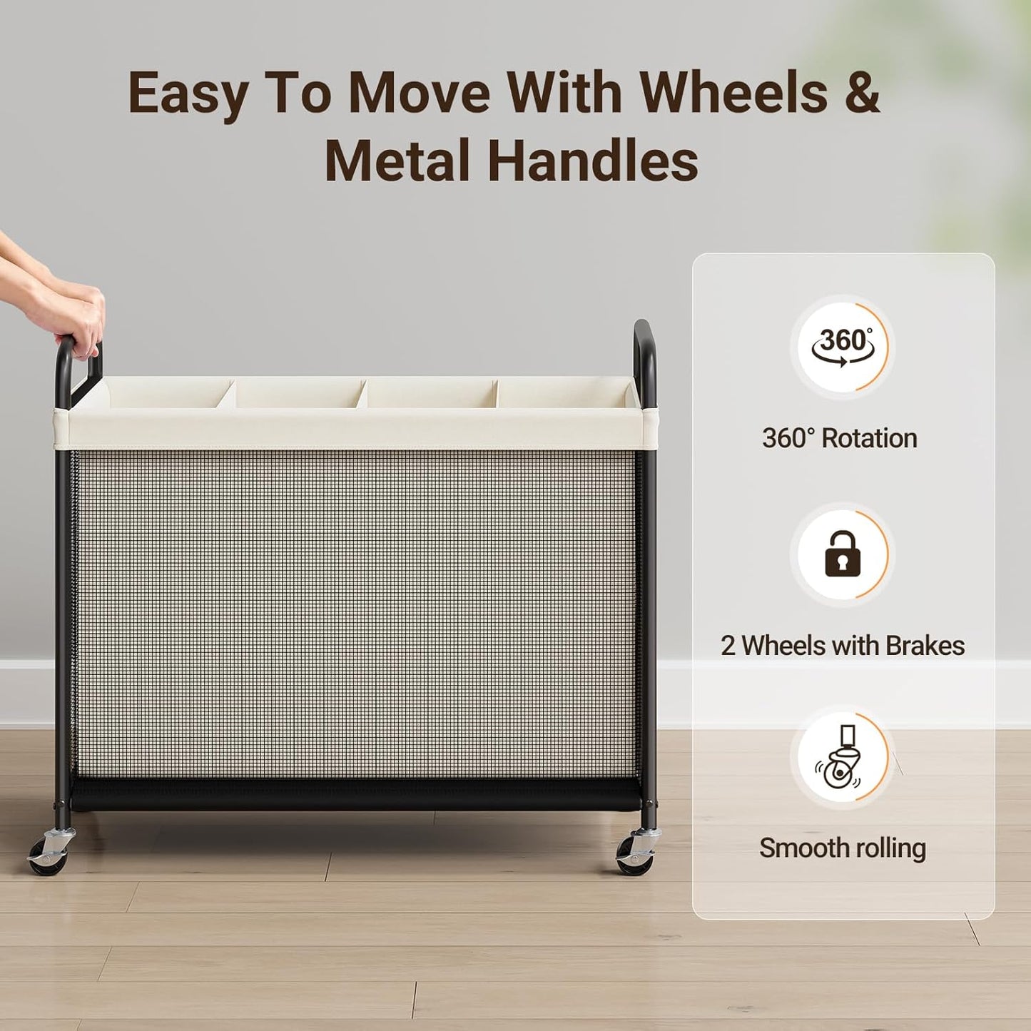 ELYKEN Laundry Hamper 3 Section, 120L Rolling Laundry Sorter with Removable Liner Bag, Laundry Basket with Wheels, Steel Frame with Metal Handle, Clothes Hamper Cart for Laundry Room & Bedroom