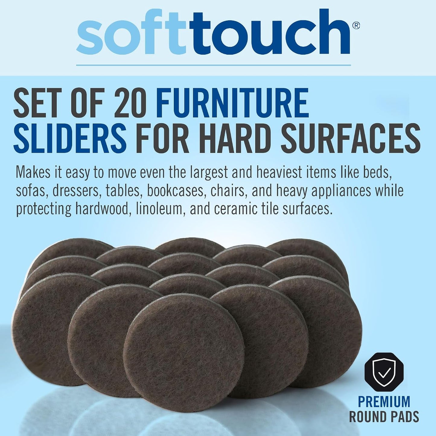 SoftTouch 3/4" Round Reusable Felt Furniture Sliders for Hard Surfaces, Noise-Reducing Adhesive Furniture Moving Pads for Beds, Sofas, Dressers, Set of 20, Black