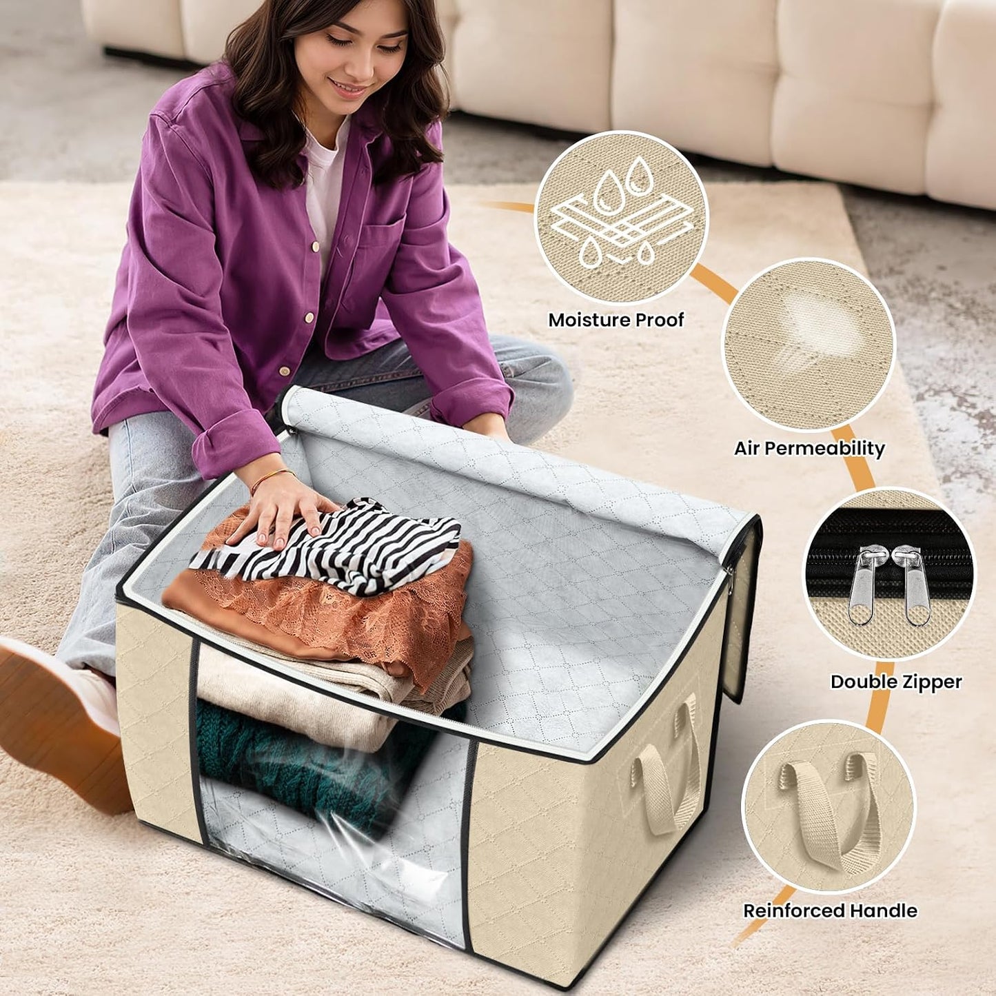 Fab totes 6 Pack Storage Bags for Clothes and Blanket, Foldable Closet Organizers and Storage with Zippers, Clear Window and Handles, Fabric Storage Bins for Sweater, Comforter, Bedding,Linen Sheets