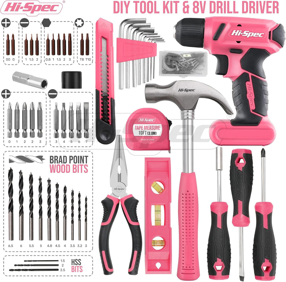 Hi-Spec Tool Kit with 3.6V USB Small Electric Screwdriver Set, Pink Drill Set for Women, Tool Kit for Home