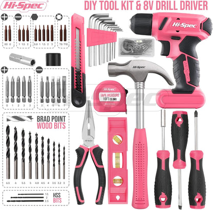 Hi-Spec Tool Kit with 3.6V USB Small Electric Screwdriver Set, Pink Drill Set for Women, Tool Kit for Home