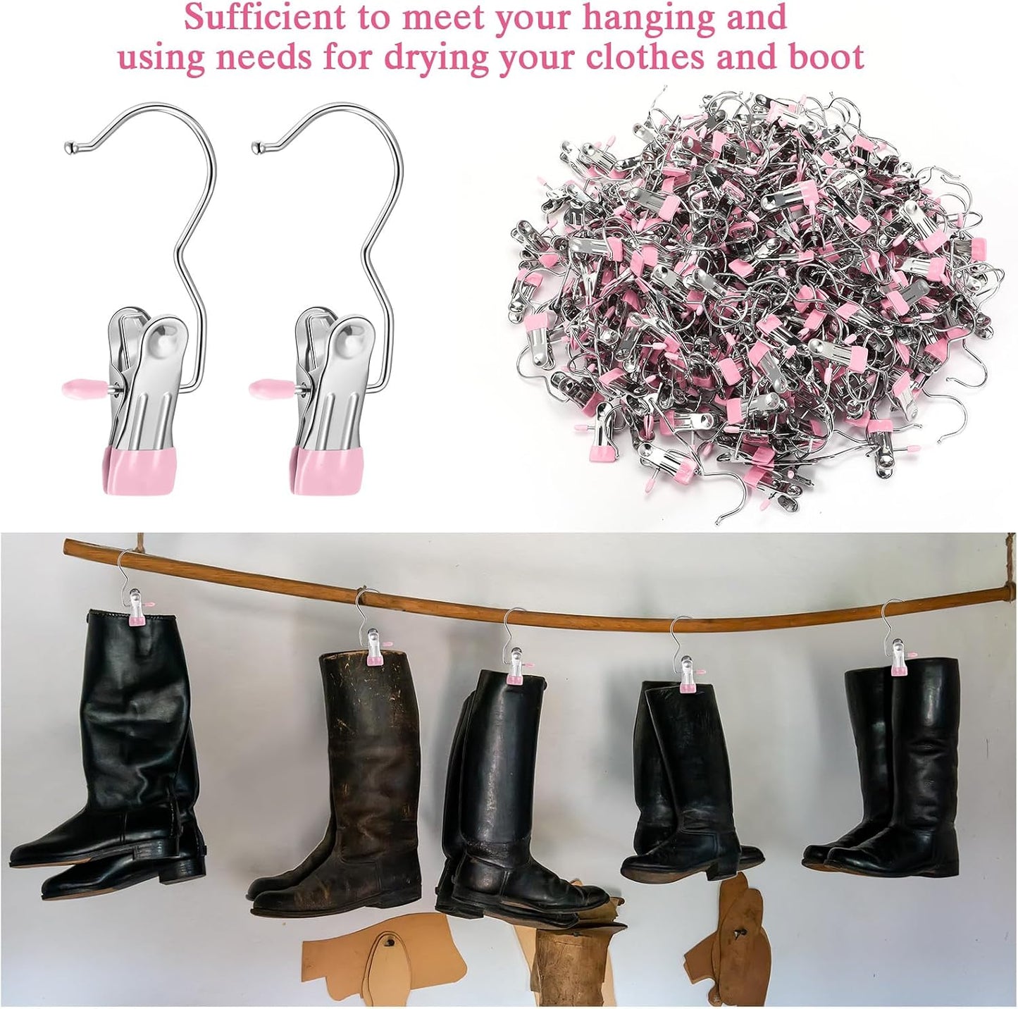 Yinder 150 Pcs Boot Hangers Clips Laundry Hooks Hanging Stainless Steel Clothes Pins Portable Clip Hangers for Closet Travel Socks Pants Handbags Hats Towels (Beige)
