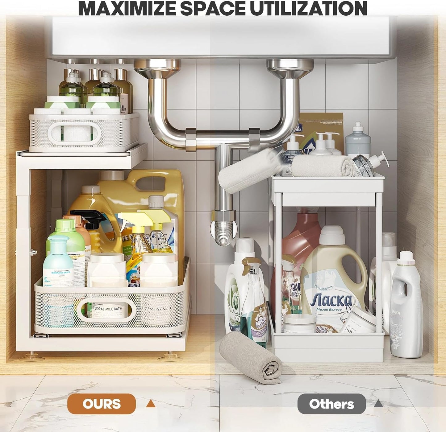 2-Pack Under Sink Storage Organizer with 2-Tier Slide Out Drawer, Sophisticated Mesh Pull Out Shelf for Kitchen & Bathroom, Fits Small Items, Upgraded Arched Track for Smooth Gliding(Patented)
