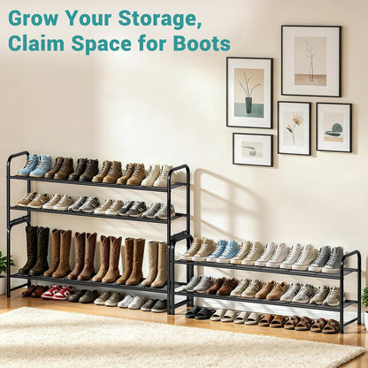 AOODA Long 3 Tier Metal Shoe Rack for Closet Wide Stackable Shoe Storage Organizer for Entryway, Bedroom, Floor, 24-Pairs Men Sneakers Shoe Shelf with Wire Grid, Black