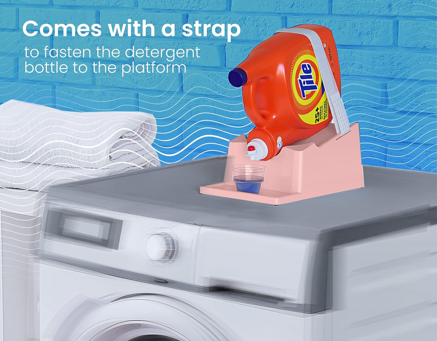 Liquid Laundry Detergent Holder Stand with Drip Tray - 1 Pack - White | Easy Pouring, Rubber Feet, Secure Strap, Angled Stand, Fabric Softener Dispenser for Laundry Room Organization & Storage