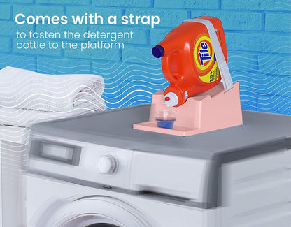 Liquid Laundry Detergent Holder Stand with Drip Tray - 1 Pack - White | Easy Pouring, Rubber Feet, Secure Strap, Angled Stand, Fabric Softener Dispenser for Laundry Room Organization & Storage