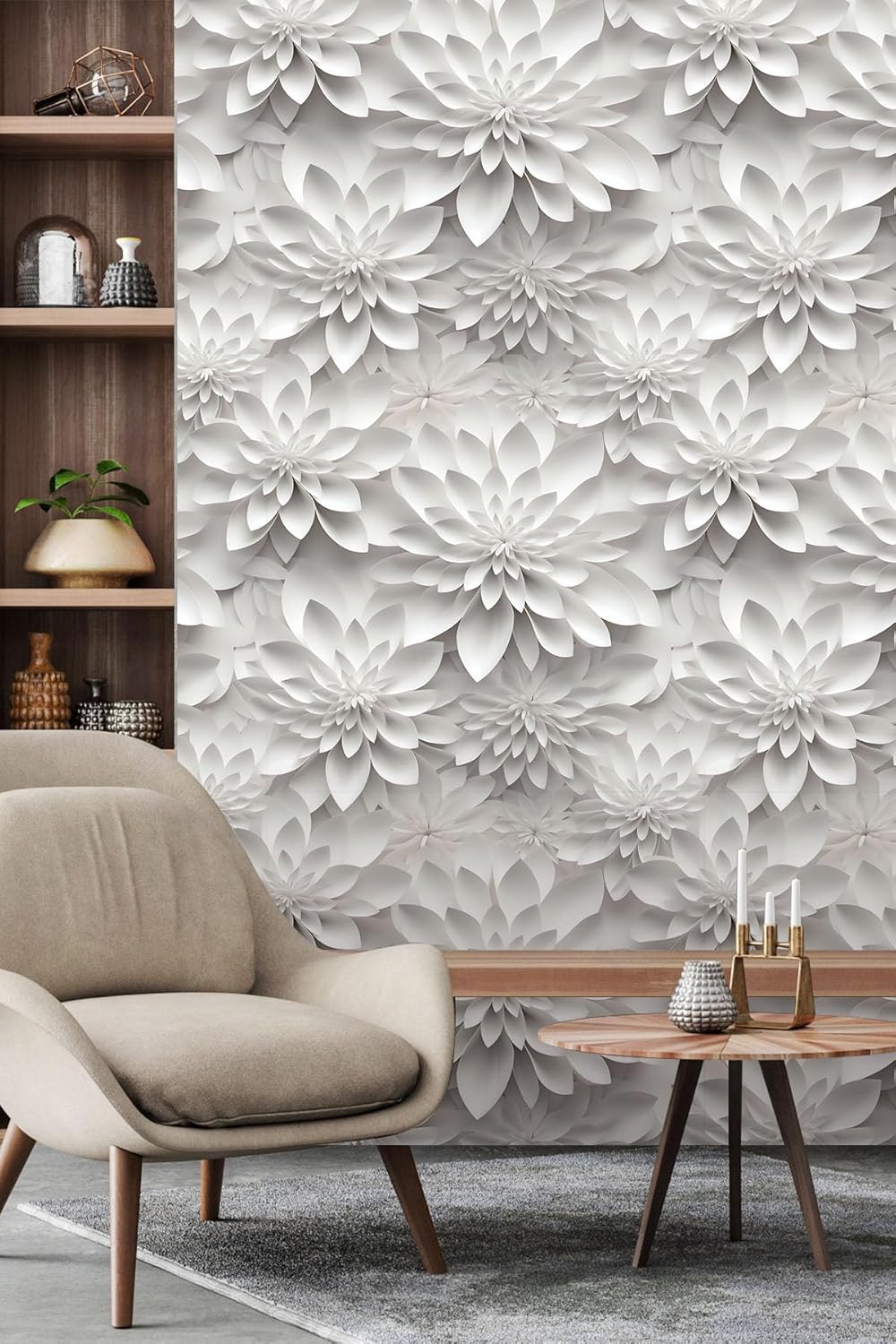 Floral Peel and Stick Wallpaper 3D Effect Interior Wall Décor Contact Paper Self Adhesive Removable Renter Friendly for Bedroom Living Cabinet Room 17.7in x 9.8ft (Not Textured Wallpaper