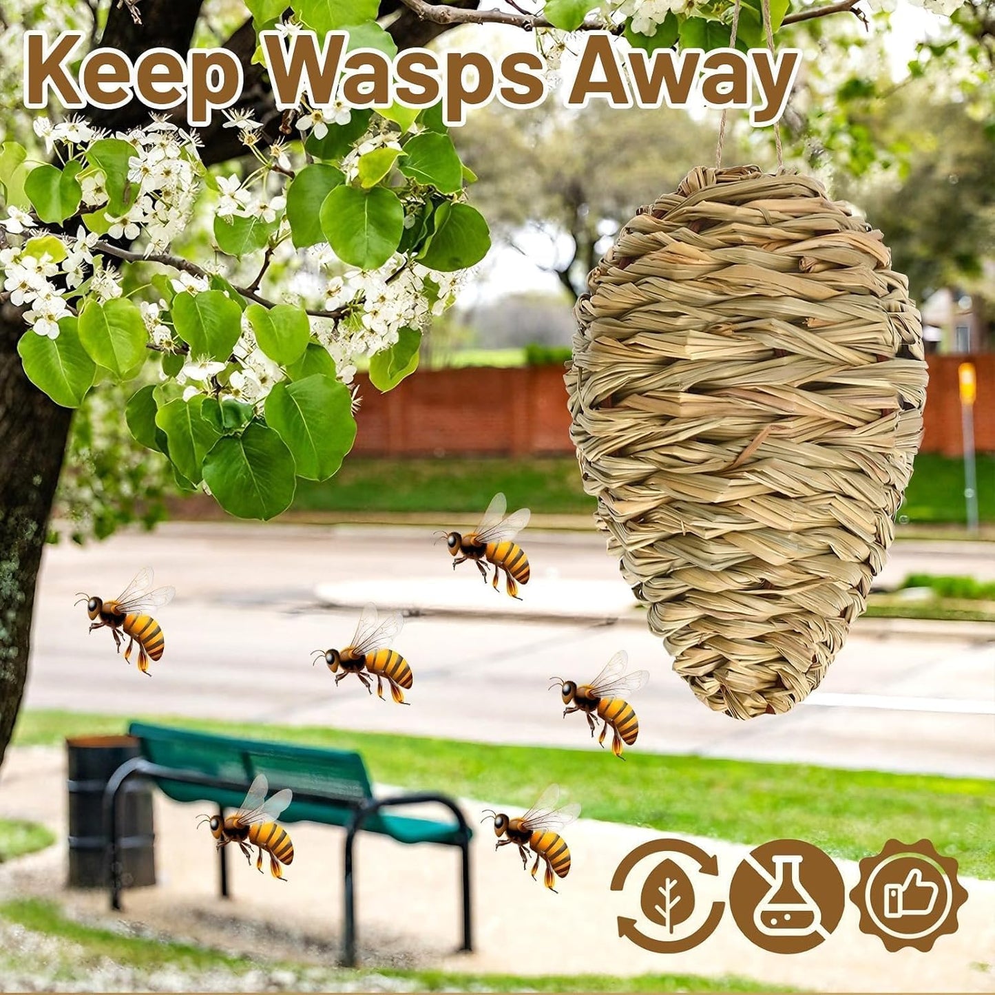 DECYOOL 2 Pack Fake Wasp Nest Decoy, Woven Reed Wasp Hornet Decoys | Hornet Deterrent Artificial Hanging Wasp Hornets Hive for Outdoor Patio Garden and Eave Wasp Yellow Jacket Hornets Protection