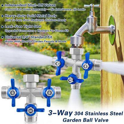 304 Stainless Steel Garden Hose Splitter 2 Way, Heavy Duty 3/4" GHT Y Hose Splitter with Shut-Off Valves, Full Flow Outdoor Faucet Connector with Wrench