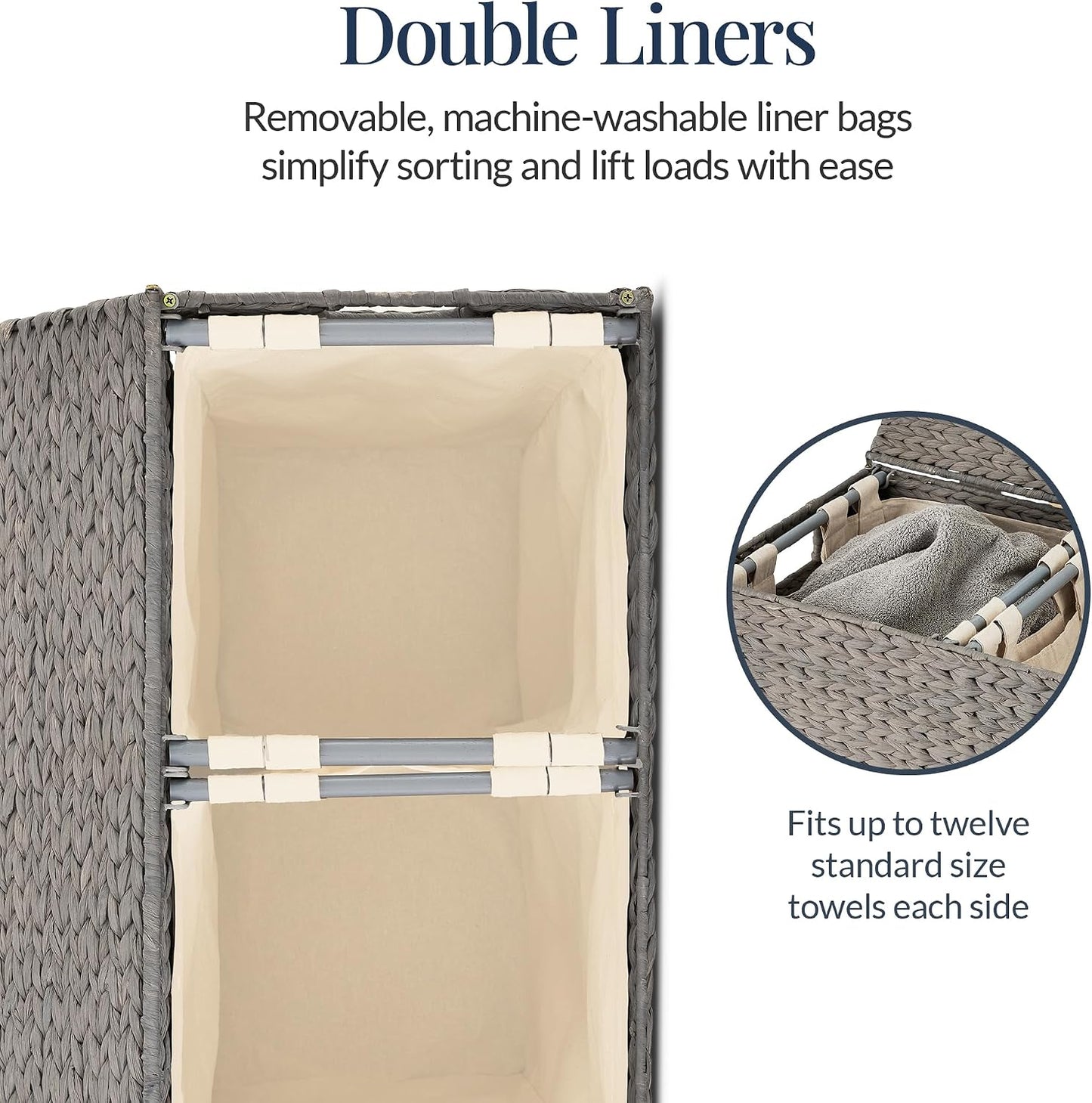 Best Choice Products Large Double Laundry Hamper with Lid, Natural Handwoven Water Hyacinth, 2 Sections w/ 2 Machine Washable Linen Liner Bags, Portable, Handles - Natural