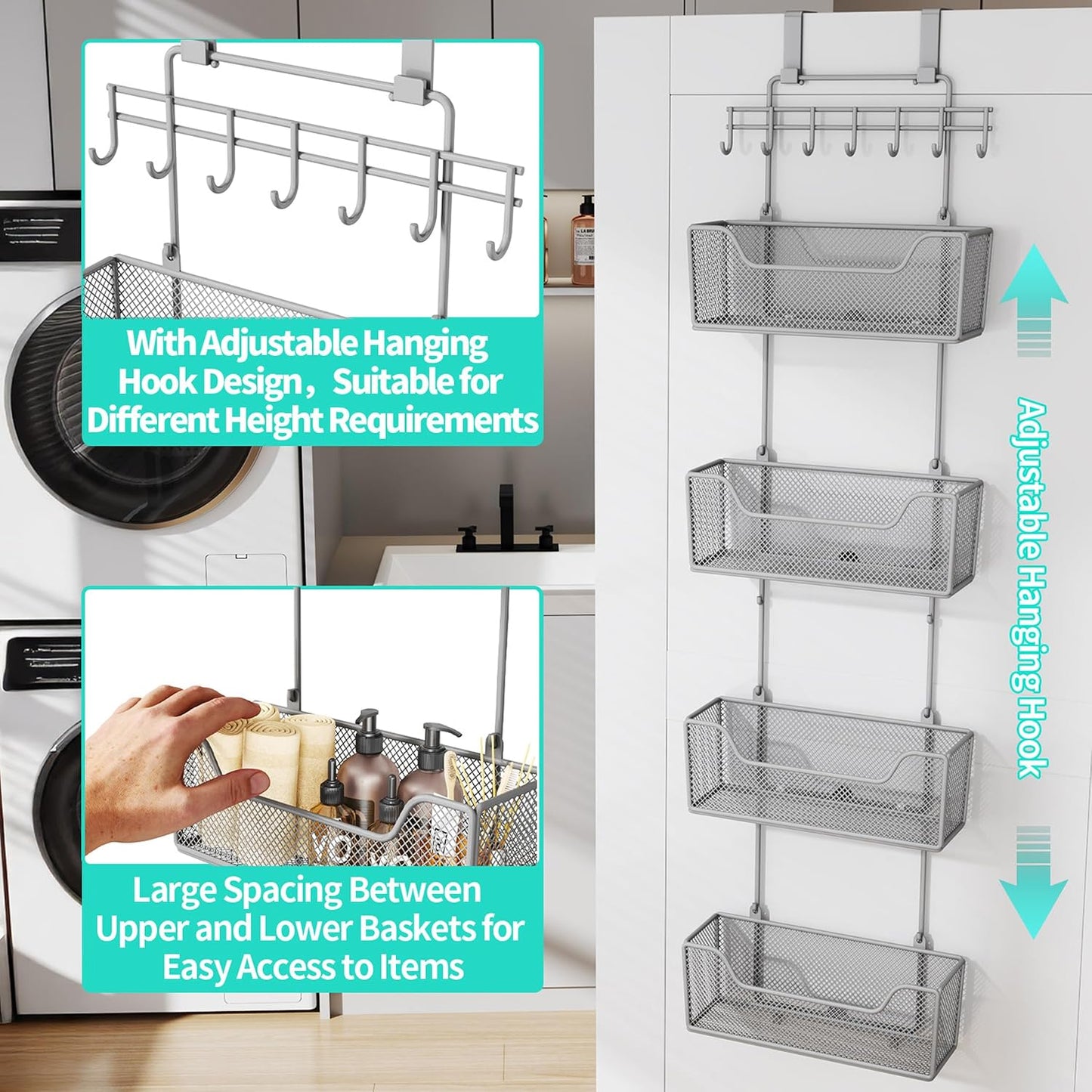 HapiRm Over The Door Organizer - Hanging Door Organizer with 4 Metal Large Capacity Baskets and Adjustable Coat Hook for Bathroom Bedroom Kitchen Pantry Closet Cabinet