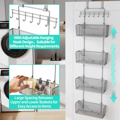 HapiRm Over The Door Organizer - Hanging Door Organizer with 4 Metal Large Capacity Baskets and Adjustable Coat Hook for Bathroom Bedroom Kitchen Pantry Closet Cabinet