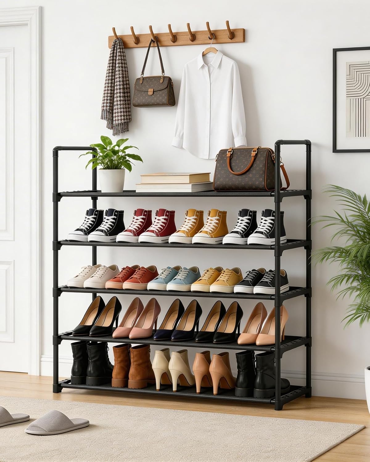 Upgrade Stackable Small Shoe Rack, 4-Tier Shoe Shelf Storage Organizer with Handle for Entryway, Hallway and Closet (Black)