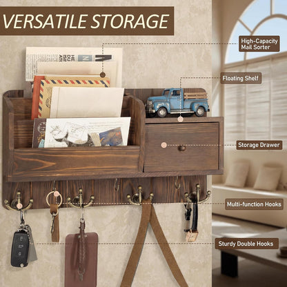 Rebee Vision Key and Mail Holder Wall Mount - Mail Organizer Wall Mount with Storage Hooks and Drawer for Modern Farmhouse Decor - Mail Organizer Wall Mounted for Rustic Apartment Essentials (Brown)