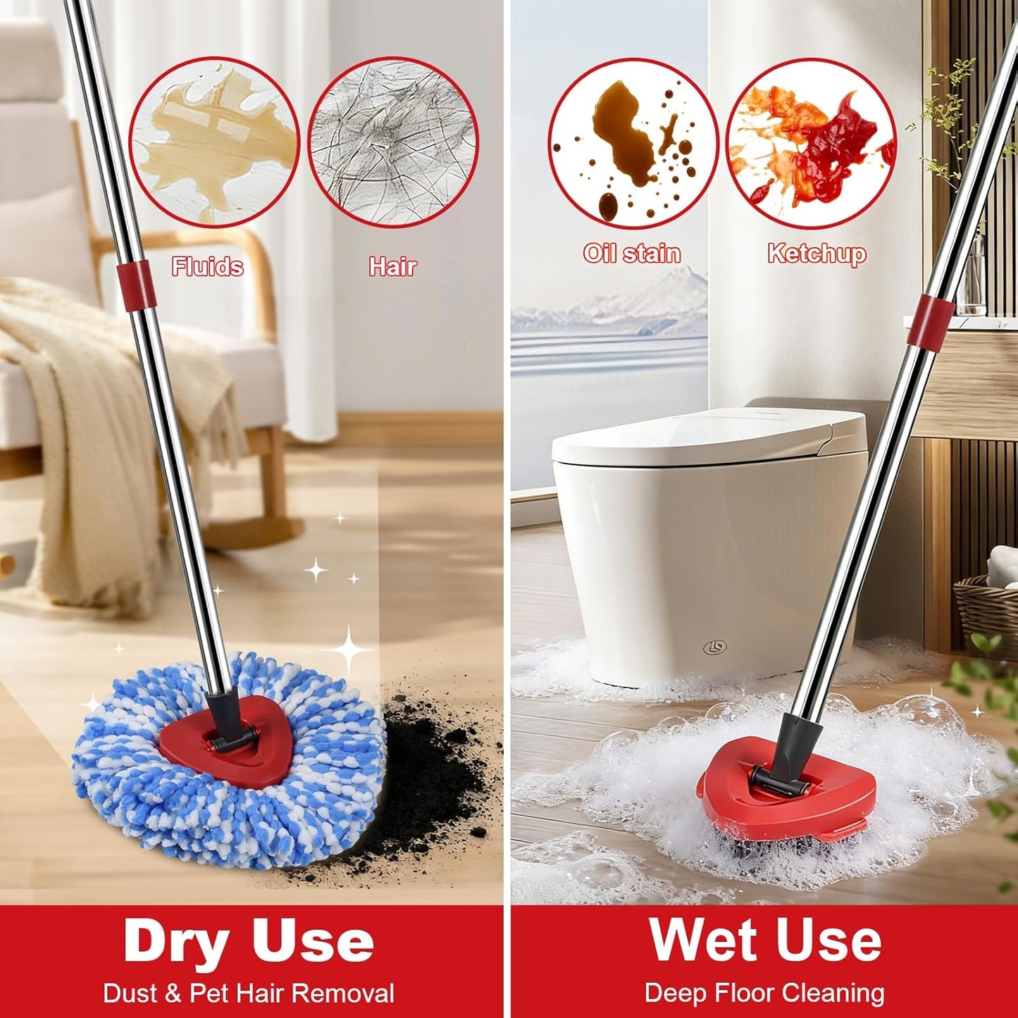 Spin Mop Replacement Head Set for O Ceda Mop RinseClean 2-Tank System, 3 Pack Mops Heads Replacements + Scrub Brush + 30-58" Handle & Base, Microfiber Mops Head Floor Mop Refill Kit