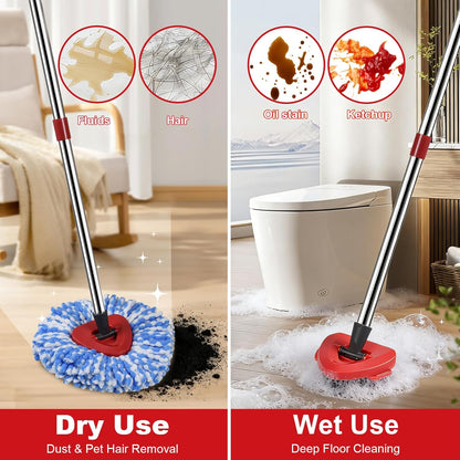 Spin Mop Replacement Head Set for O Ceda Mop RinseClean 2-Tank System, 3 Pack Mops Heads Replacements + Scrub Brush + 30-58" Handle & Base, Microfiber Mops Head Floor Mop Refill Kit