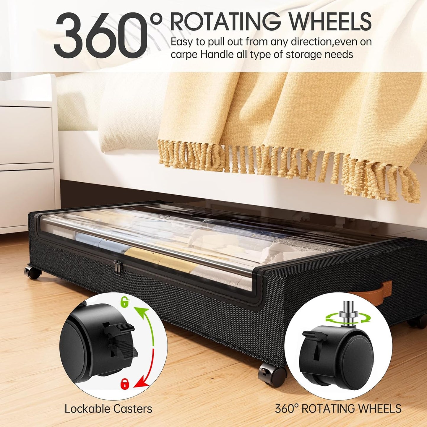 Yecaye Under Bed Storage with Wheels, 2 Pack Under Bed Storage Containers, 60L Underbed Shoe Storage with Clear Window & Label, Rolling Under Bed Metal Drawer for Clothes, Shoes, Books, Blankets