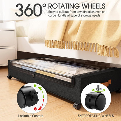 Yecaye Under Bed Storage with Wheels, 2 Pack Under Bed Storage Containers, 60L Underbed Shoe Storage with Clear Window & Label, Rolling Under Bed Metal Drawer for Clothes, Shoes, Books, Blankets