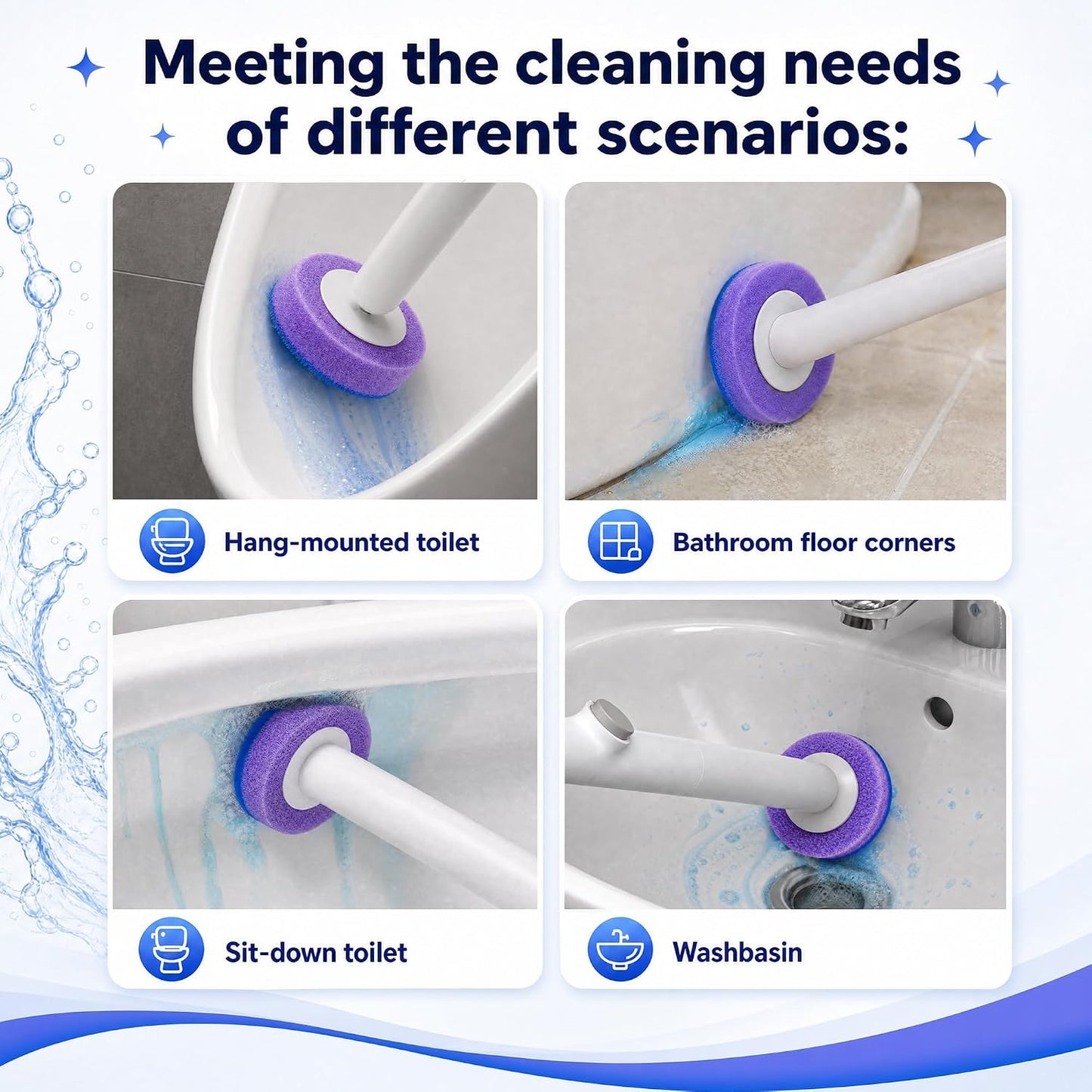 Disposable Toilet Brush and Holder Set - Hands-Free Eject Sponge Toilet Wand with Floor Standing Caddy, Secure-Lock Hangable Toilet Scrubber