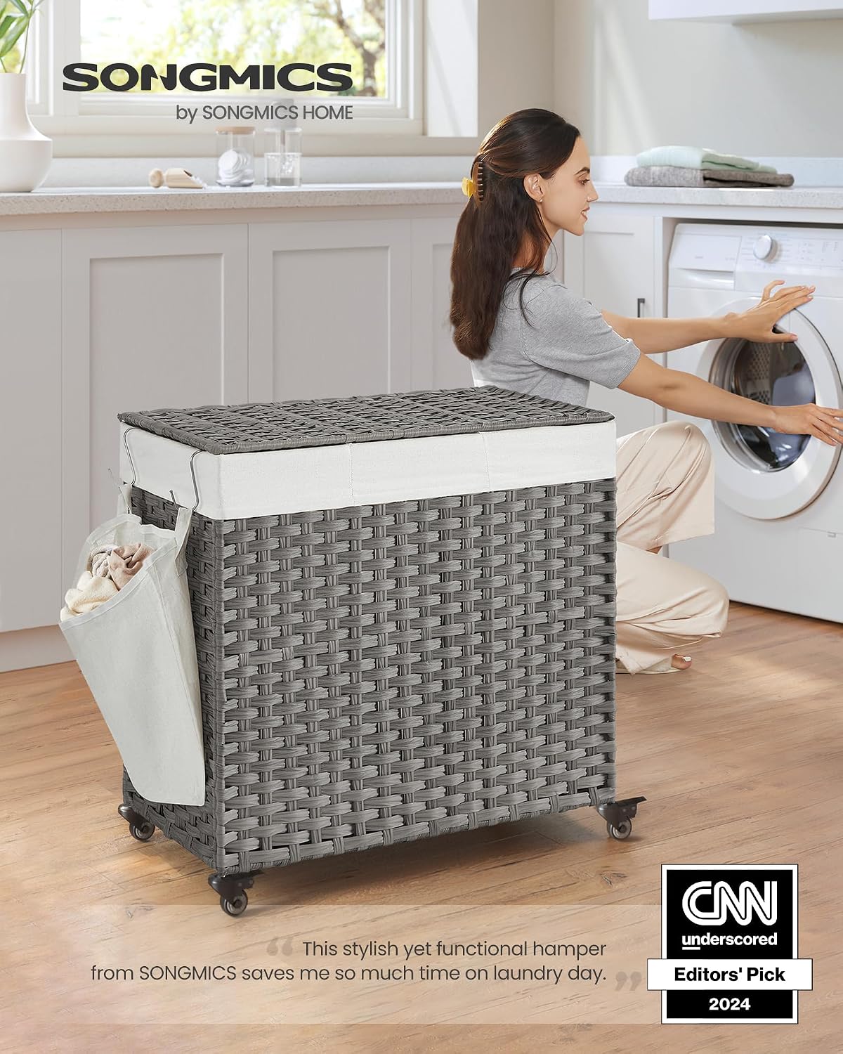 SONGMICS Laundry Hamper with Lid, 37 Gallons (140 L), Rolling Laundry Basket with Wheels, 3-Section Synthetic Rattan, Removable Liner, Bedroom, 26 x 13 x 26 Inches, Gray ULCB363G01