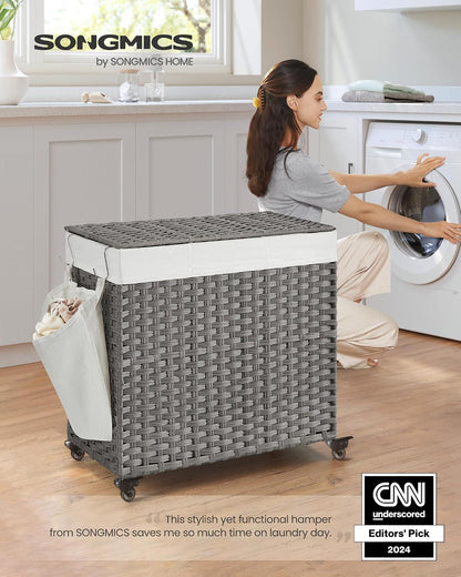 SONGMICS Laundry Hamper with Lid, 37 Gallons (140 L), Rolling Laundry Basket with Wheels, 3-Section Synthetic Rattan, Removable Liner, Bedroom, 26 x 13 x 26 Inches, Gray ULCB363G01
