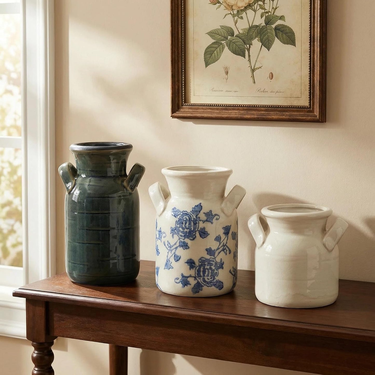 Ceramic Vase Set of 3 with Handles, Green White Neutral Rustic Modern Farmhouse Boho Decor, Versatile as Table Centerpiece or Mantel & Shelf Accent - Unique Home Gift Idea