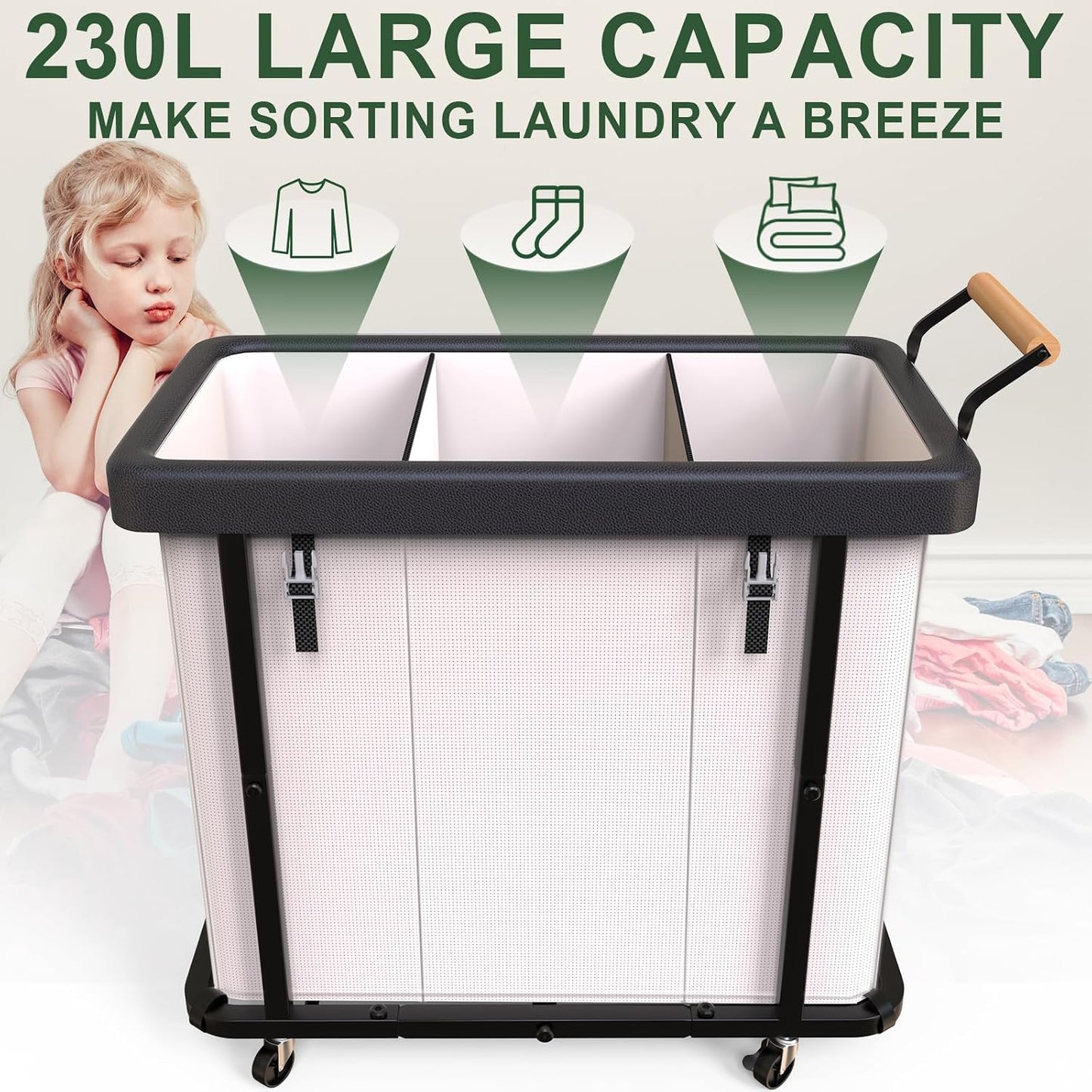 230L (60 Gal) Extra Large Fashion Laundry Sorter 3 Section with Lid, Rolling Laundry Basket Hamper with Handle, Laundry Organizer Storage Cart with Sturdy Metal Frame for Laundry Room, Hotel, White