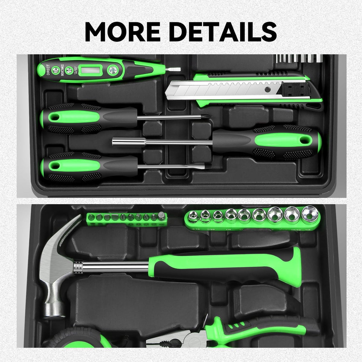 Auto Dynasty Tool Kit for Home, Basic Household Hand Tool Sets with Screwdrivers Combination Tools, All in One Plastic Toolbox Storage Case for College Dorm, Office, Auto Repair (Green)