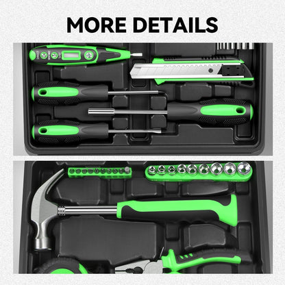 Auto Dynasty Tool Kit for Home, Basic Household Hand Tool Sets with Screwdrivers Combination Tools, All in One Plastic Toolbox Storage Case for College Dorm, Office, Auto Repair (Green)
