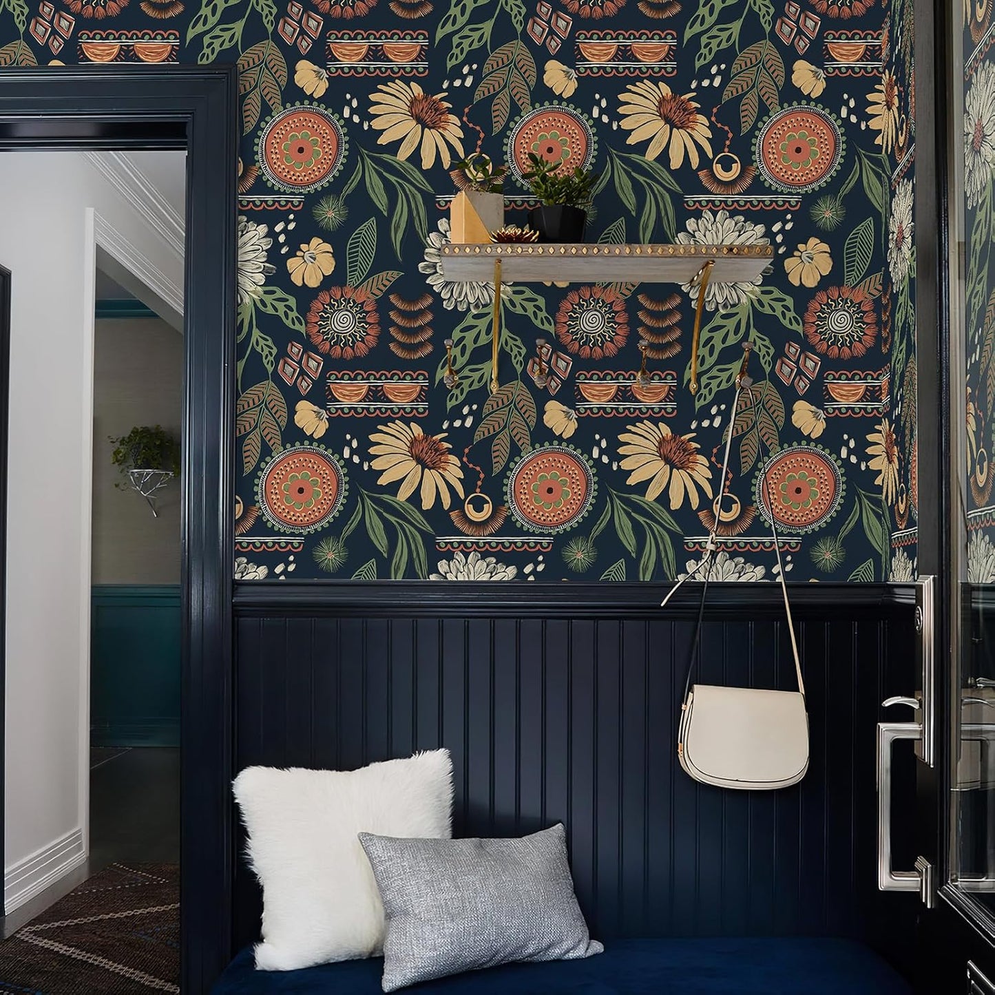 Simon&Siff Boho Peel and Stick Wallpaper, 17.3" x 80" Sun Floral Retro Contact Paper Removable Self Adhesive Wall Paper for Cabinets Furniture Bedroom Nursery Bathroom Renter Friendly DIY Decor
