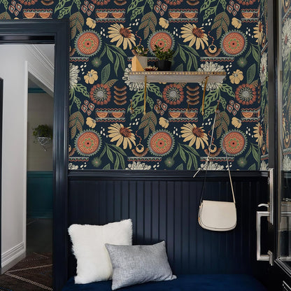 Simon&Siff Boho Peel and Stick Wallpaper, 17.3" x 80" Sun Floral Retro Contact Paper Removable Self Adhesive Wall Paper for Cabinets Furniture Bedroom Nursery Bathroom Renter Friendly DIY Decor