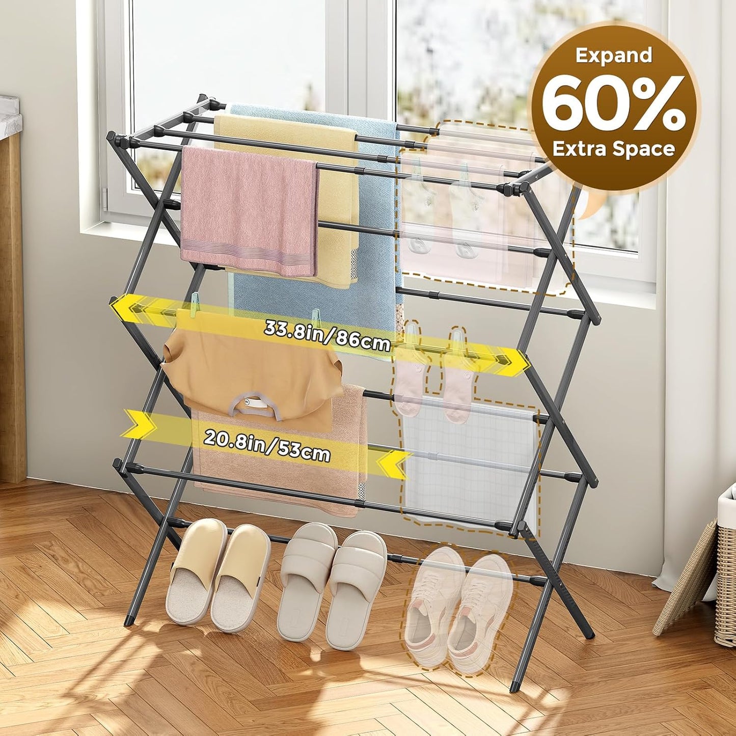 KINGBOARD Clothes Drying Rack, Collapsible Drying Rack Clothing with 11 Poles, 3-Tier Laundry Drying Rack, Small Clothes Drying Rack Foldable for Baby Clothes Sock Towel, 25lb Capacity, White