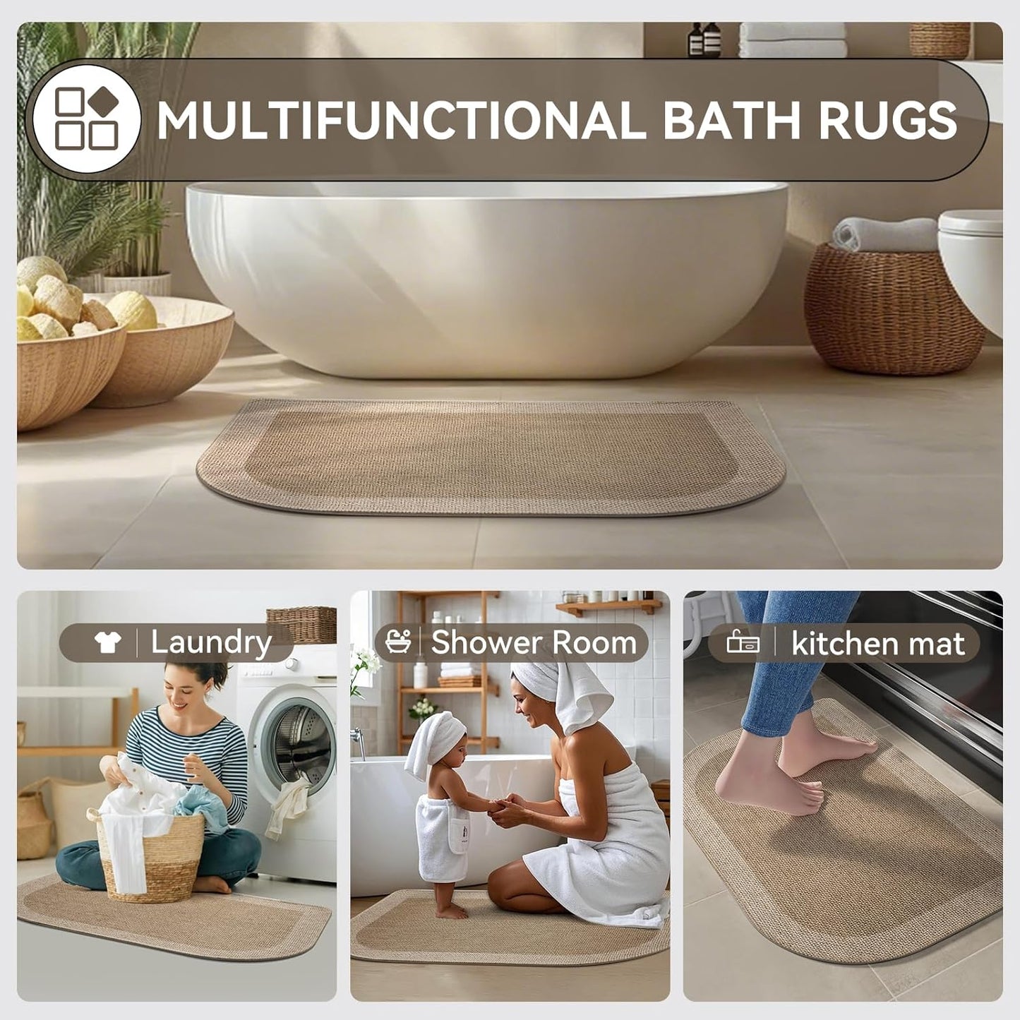 YDKGL Ultra Thin Bathroom Rugs Mat Quick Dry Absorbent Non Slip Bath Mat Bath Mats for Bathtub Mat Bathroom Carpet Fit Under Door Washable Floor Rubber Half Round Bath Rugs Grey 16x24