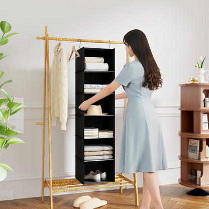 Hanging Closet Organizer 3-Shelf, Oxford Fabric Wardrobe Storage, Gray | Easy-mount foldable design holds clothes, handbags, shoes & accessories; washable Oxford fabric, sturdy and space-saving.