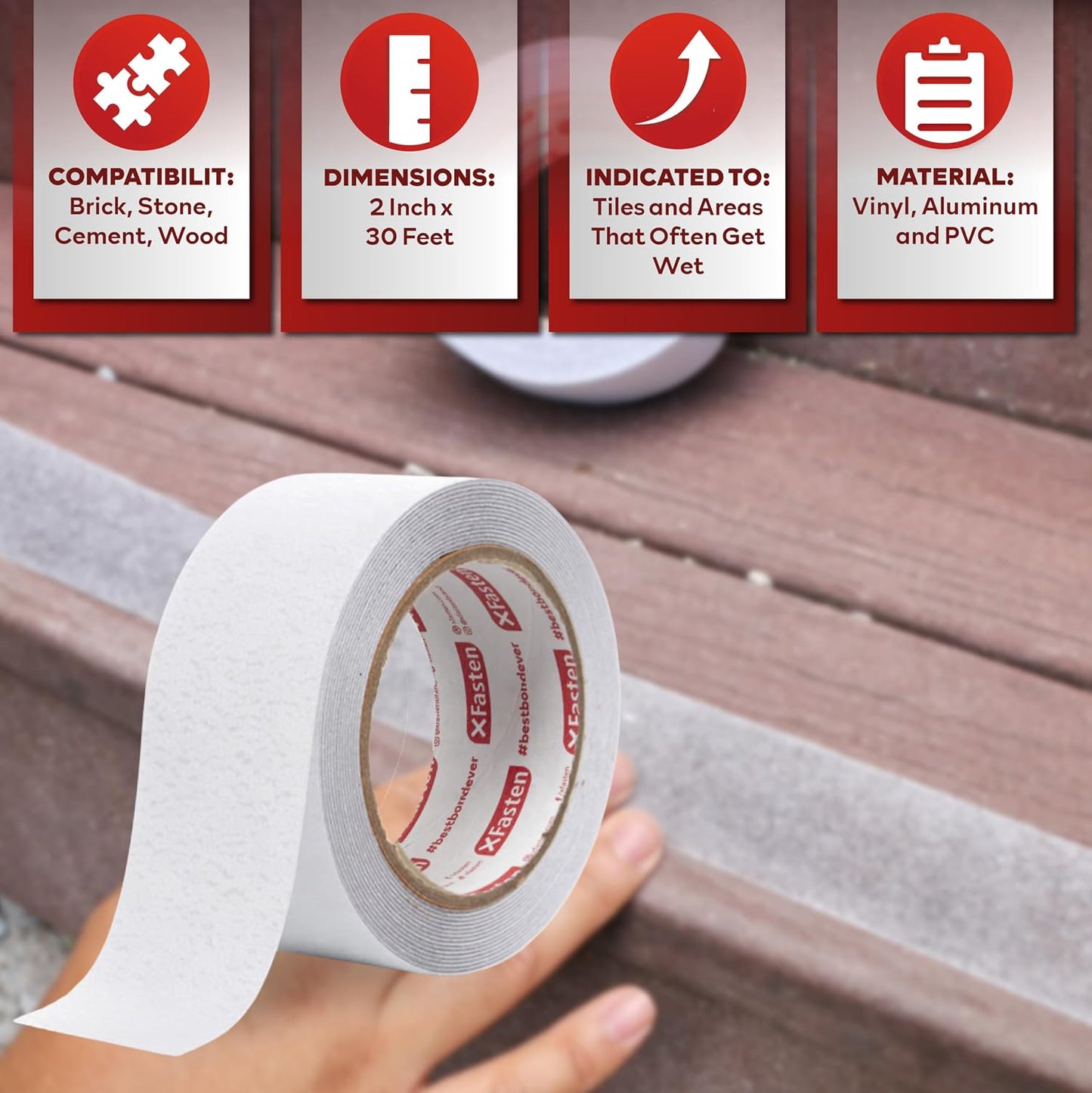 XFasten Translucent Grip Tape for Stairs, 2-in x 30-Foot Anti Slip Tape Outdoor Waterproof, Non Abrasive Poolside Grips Non Slip, Traction Tread Tape