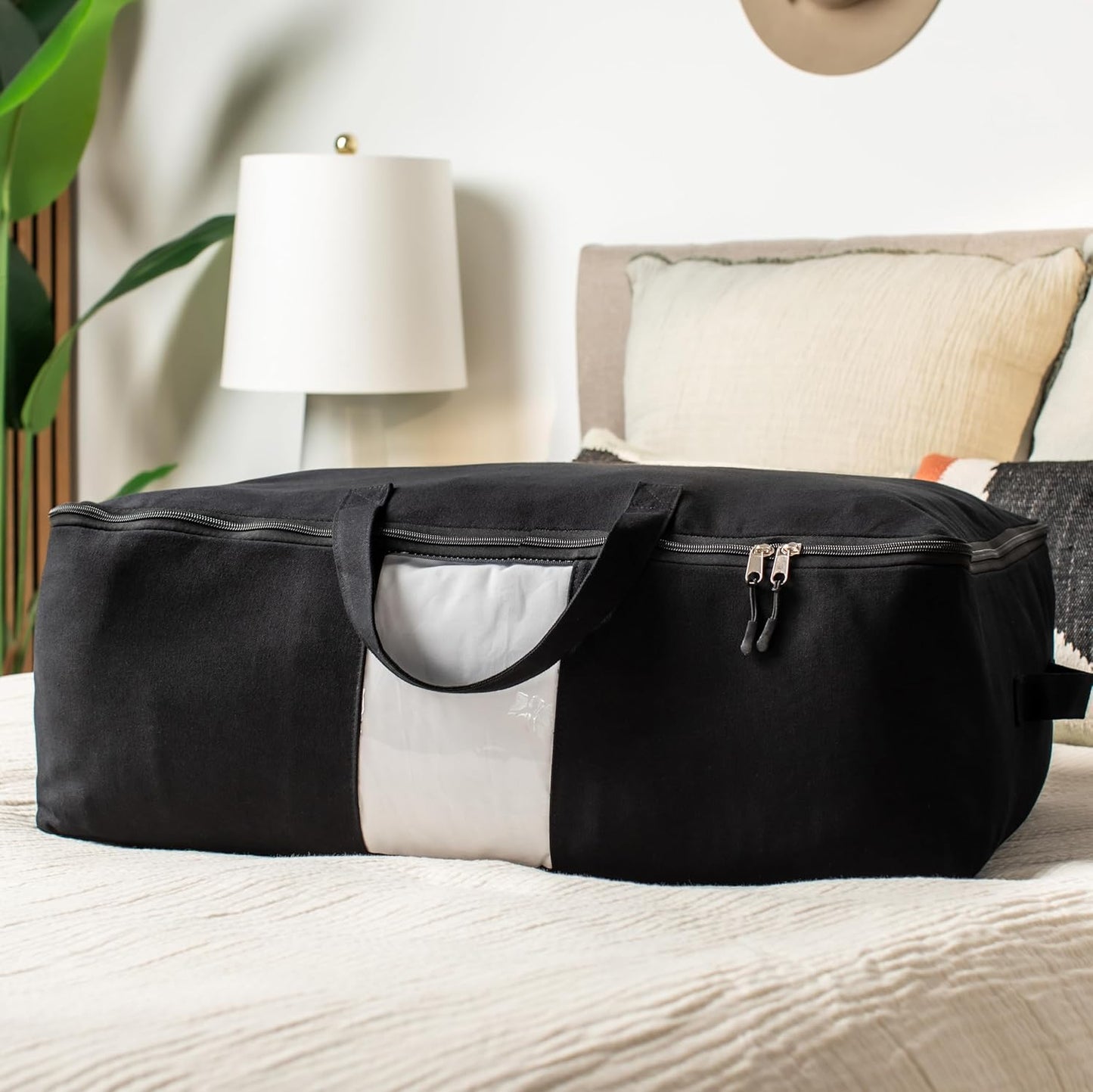 Soft Canvas Storage Bags with Zipper. Thick Breathable, 1pc King/Queen Comforter Organizer. Four Carrying Handles and Window. Large 25x19x9in Bag for Sheets Blankets Bedding Pillows, Clothes (Grey)
