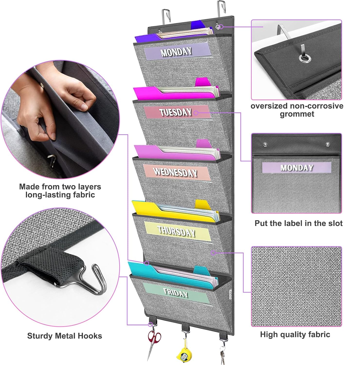 homyfort Over the Door File Organizer, Wall Hanging File Folders with 5 Large Pocket for Mails, Magazines, Back to School Supplies,Office Chart Storage, Paper Organization (Grey)
