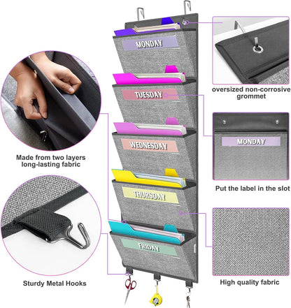 homyfort Over the Door File Organizer, Wall Hanging File Folders with 5 Large Pocket for Mails, Magazines, Back to School Supplies,Office Chart Storage, Paper Organization (Grey)