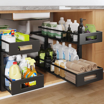 Under Sink Organizer, 2-Tier Dual Pull Out Cabinet Organizer Drawers With Smooth Circular Rail, Large Capacity Metal Mesh Sliding Shelves For Bathroom& Kitchen Storage,Height Adjustable–White,2 Packs