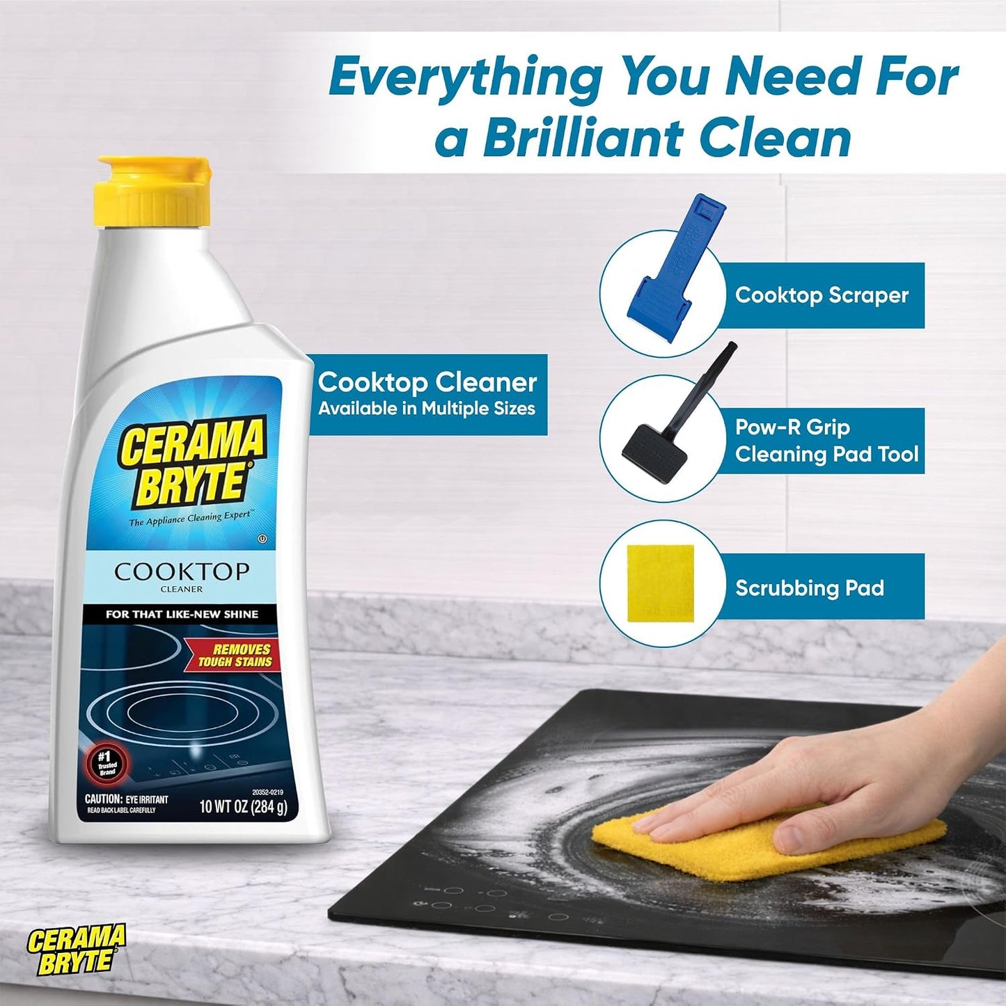 Cerama Bryte Cooktop Cleaning Kit, 10 oz Bottle, Scraper, Tool & Pad