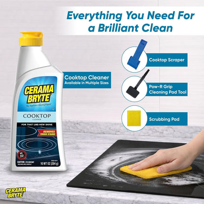 Cerama Bryte Cooktop Cleaning Kit, 10 oz Bottle, Scraper, Tool & Pad