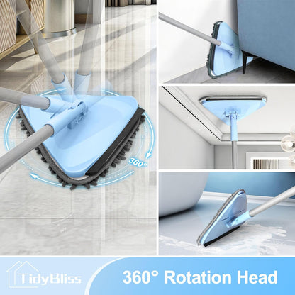 TidyBliss Wall Cleaner Mop with 80” Long Handle, 360° Swivel Ceiling Duster Scrubber with Collapsible Head, Baseboard Cleaning Tool with 4 Chenille and 2 Microfiber Pads for Windows Floor (Blue)