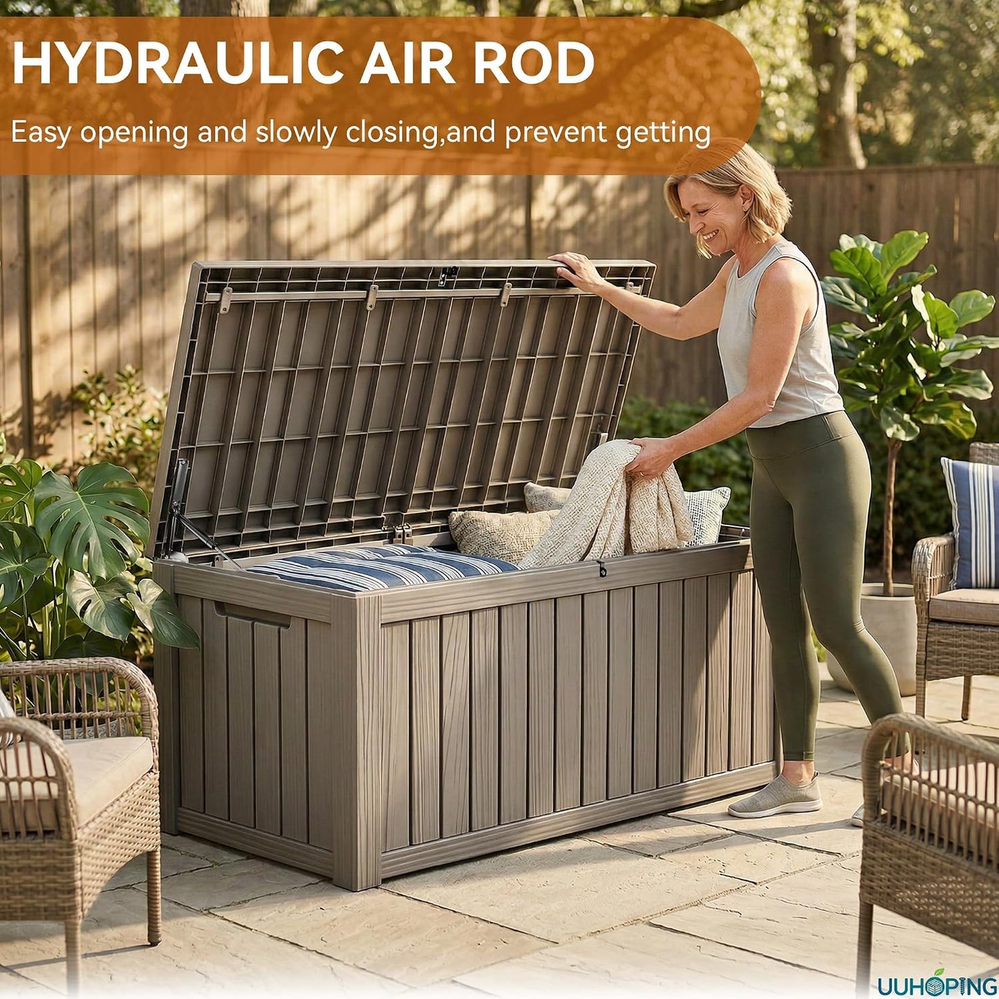 230 Gallon Large Outdoor Storage Box Waterproof, UV Resistant Resin Deck Box with Hydraulic Rod & Lockable Latch for Patio Furniture, Outside Storage Box for Garden Tools, Patio Cushions, Black