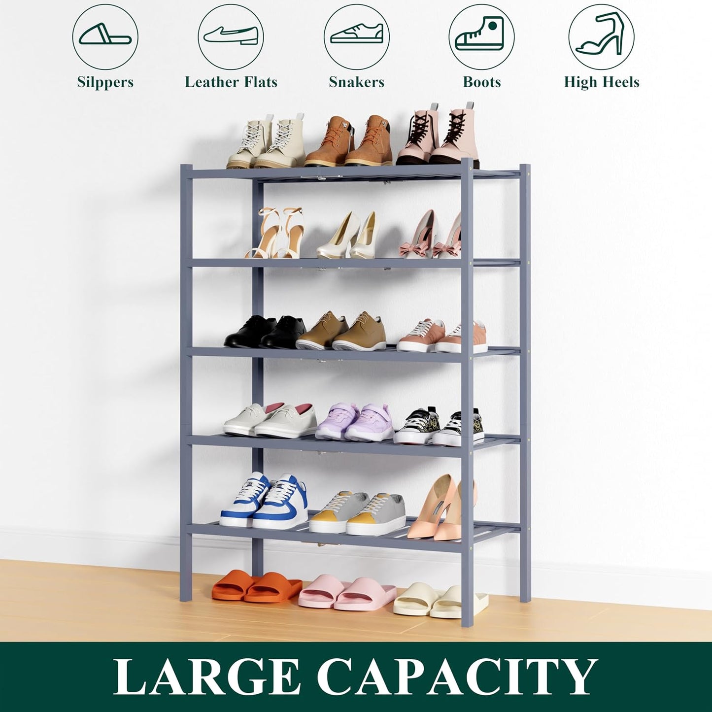 Smiry Bamboo Shoe Rack, 3 Tier Free Standing Wooden Shoe Organizer, Stackable Wood Shoe Storage Shelf for Closet, Entryway, 12 Vertical Slats, 2+1 Stack Standard Legs, 26.8"x11"x19.5", Natural