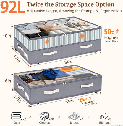 Dolicer 2 Pack Under Bed Storage with Wheels, 6in-10in Height Adjustable Underbed Storage Containers, 92L XXXL Under Bed Drawers Rolling Bin with Clear Lids for Dorm Shoes Clothes Organizers(Grey)