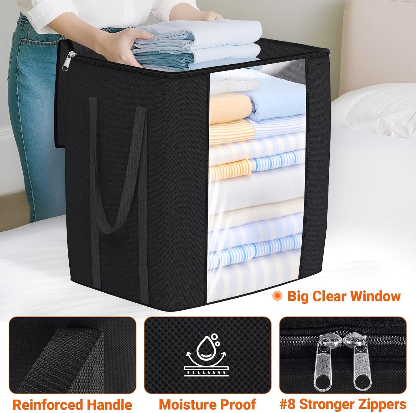 TasticTotes 120L Extra Large Clothes Storage Bags, Foldable Blanket Storage and Organization, Thick Fabric Containers with Reinforced Handles & Zippers for Clothing, Comforters, Bedding, Gray, 1 Pack