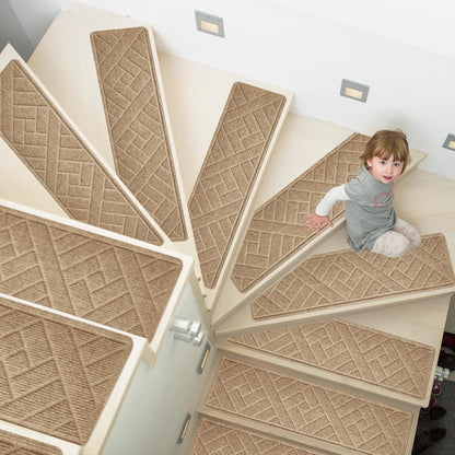15 Pack 8 "X 30" Non-Slip Carpet Stair Treads for Indoor Wooden Steps, Made of Polyester and Reusable Adhesive, Suitable for Kids Elders and Pets（Black Lines）