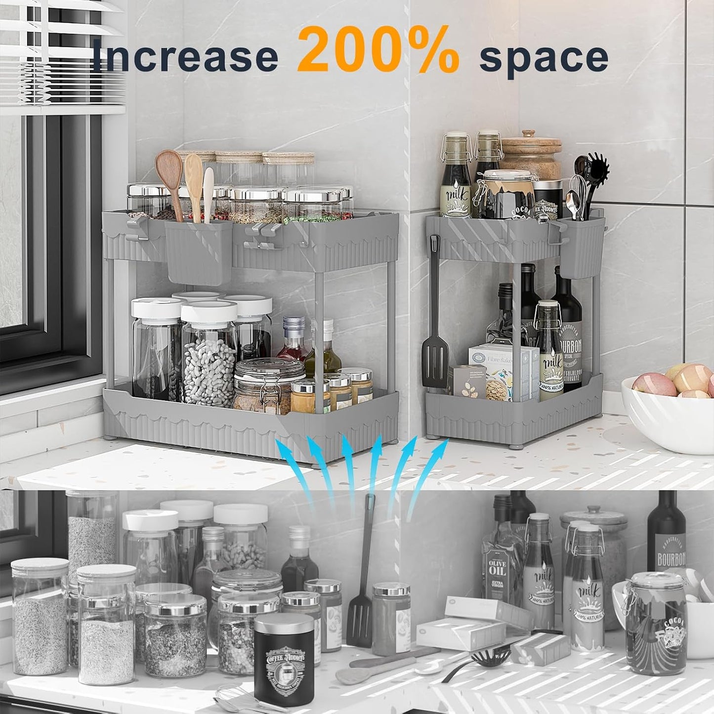 Sevenblue 2 Pack Under Sink Organizer, Under Bathroom Cabinet Organizer with Hooks Hanging Cup, Multi-Purpose Storage Shelf for Kitchen Bathroom, Black