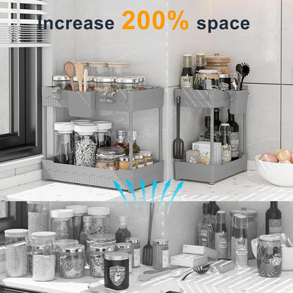 Sevenblue 2 Pack Under Sink Organizer, Under Bathroom Cabinet Organizer with Hooks Hanging Cup, Multi-Purpose Storage Shelf for Kitchen Bathroom, Black